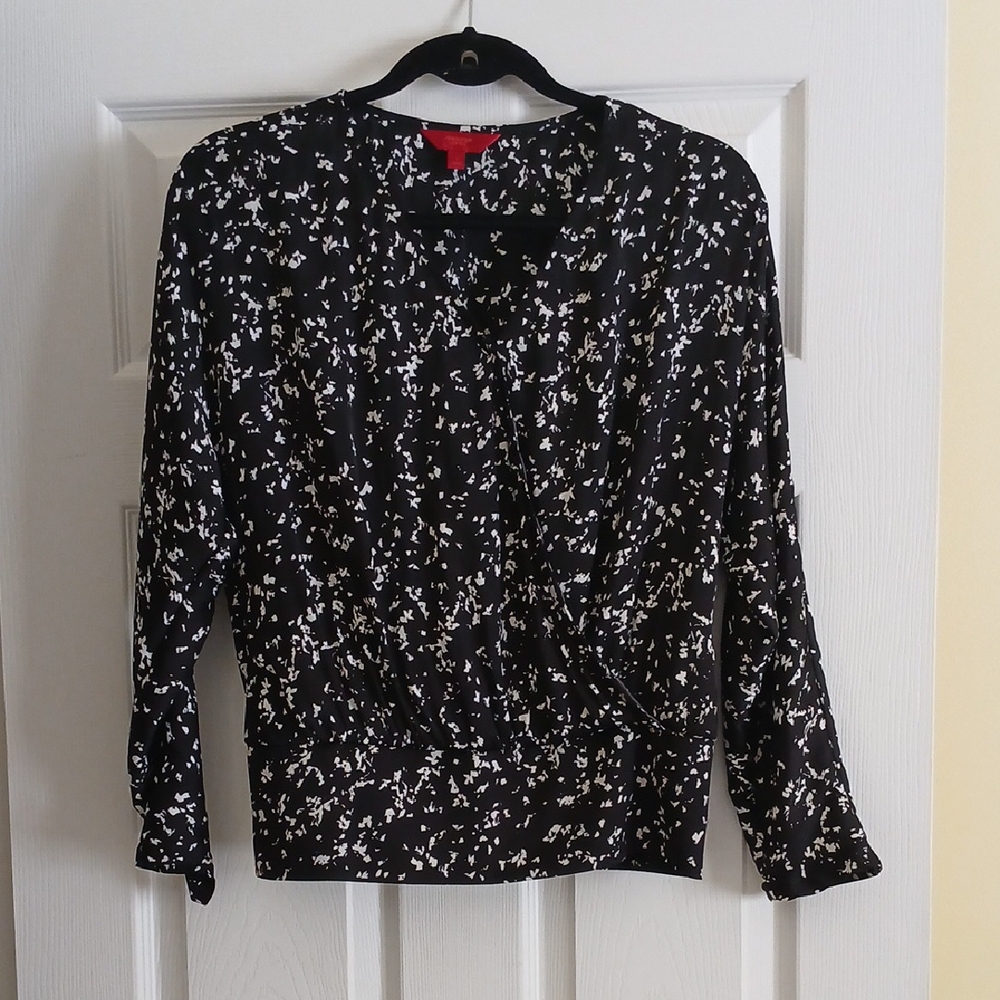 Jennifer Lopez Draped V-Neck Black & White Blouse Women's Small